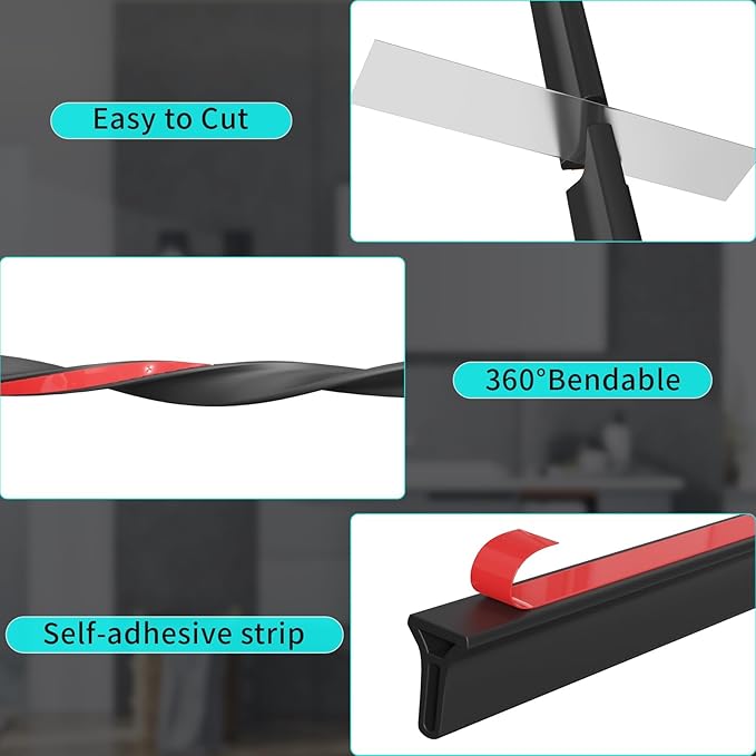Hi-Na 3ft/5ft/6ft/8ft10ft Collapsible Shower Threshold Water Dam Water Barrier for Shower and Water Stopper Keeps Water Inside Water Threshold for Wet and Dry Separation (5ft, Black)