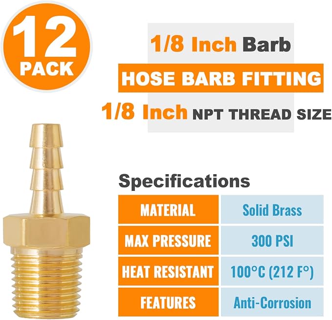 SUNGATOR 12-Pack 1/8'' Air Hose Fittings, Brass Hose Barb Fittings, 1/8 Inch NPT Male Pipe to 1/8'' Barb End Aadapter, Brass 1/8 Inch Air Line Repair Kit for Compressor, Gas, Auto Shop