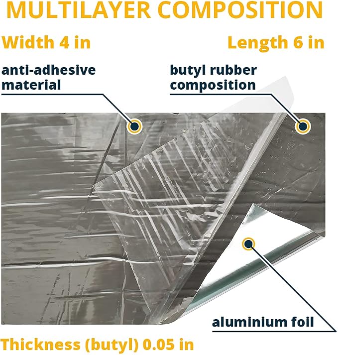 ALENOR Aluminum Butyl All Weather Repair Patch 4"x6" (Pack of 5) Waterproof Sealing Patch Roof Leak Indoor Outdoor Pipe HVAC Vent Air Conditioner Window Seal Unit Rain Gutters Flashing Auto & Boats RV
