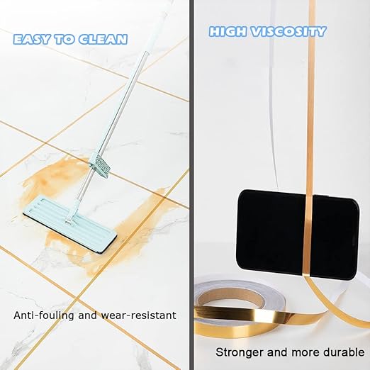 Floor Tiles Gold Foil Lines Metalized Mirror Tape, Self-Adhesive Tile Seam Sticker, Waterproof Gap Sealing Foil Decor Tape for Wall, Cabinet, Kitchen(0.39in x 164 Ft) (Gold)