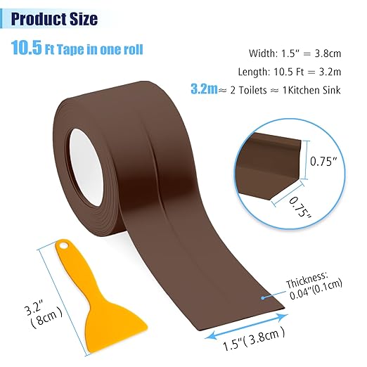 Waterproof Seal Caulk Strip Tape Self Adhesive for Sink Toilet Bathroom Wall Edge Bathtub Oil-Proof Caulking Sealing Tape 1.5" x 10.5' (W*L) 3Pcs Brown