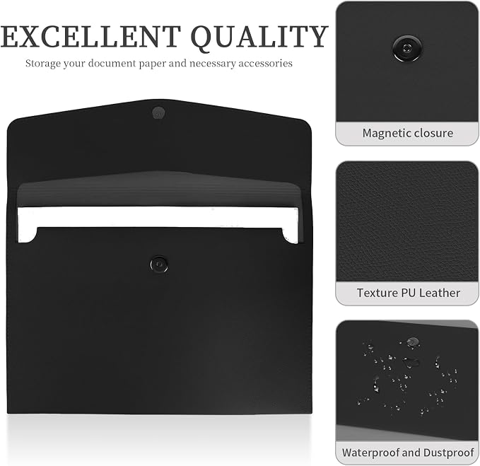 MultiBey PU Leather A4 Document Holder File Organizer with Snap Closure, Waterproof/Water‑Resistant A4 & Letter Size Envelope Folder 13 x 9.5 in - Holds up to 100 Sheets (Black)