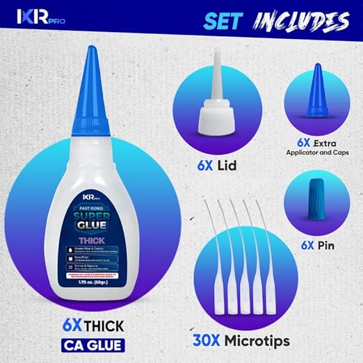 CA Glue Thick Viscosity Kit (6x1.75 oz.) Cyanoacrylate Glue, Heavy-Duty Super Glue for Gap-Filling, Wood, Metal, Plastic, Furniture Repair, High-Strength Adhesive for Vertical and Overhead Surfaces
