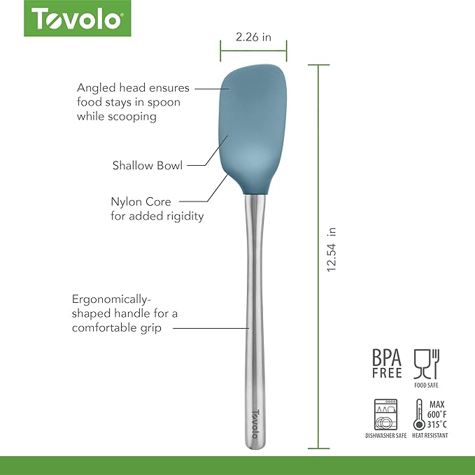 Tovolo Spoon Spatula Spoonula with Stainless Steel Handle Ergonomic Grip, Silicone Scoopula Kitchen Utensil Non Scratch Easy Clean Dishwasher Safe Heat Resistant Flex Core Scoop Spatula, Blue Slate