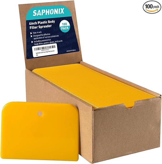 Body Filler Spreaders (Pack of 100) - 4 Inch Yellow Reusable Auto Body Plastic Filler Spreader Tool for Automotive Body Applying Fillers, Putties, Glazes, Caulks - Autobody Paint Repairs