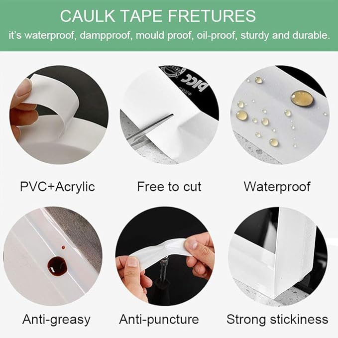 Caulk Tape Black 1.96 Inch x 33 Feet, Waterproof PMMA Caulking Strip Self Adhesive for Kitchen Sink Bathtub Bathroom Shower Toilet