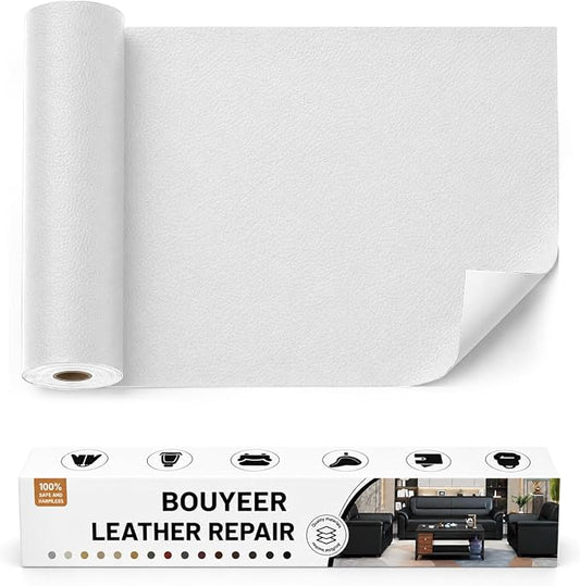 BOUYEER Leather Repair Patch Tape Kit,Self Adhesive Leather Repair for Sofa，Car Seat,Office Chair,Furniture,Jacket,Waterproof Strong Adhesive Vinyl Repair Kit. 17 in x 79 in,White