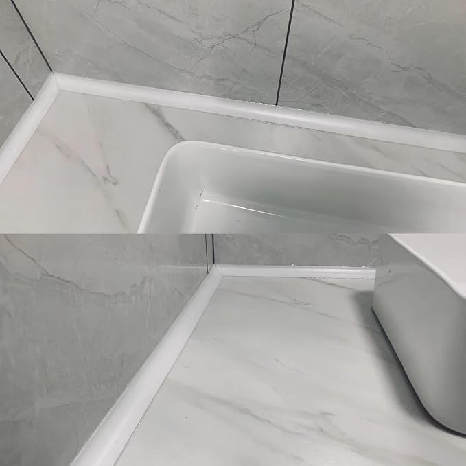 Water Barrier for Sink,Shower Threshold Water Dam Barrier,Waterproof Barrier Bathroom,Collapsible Silicone Strip Trim Splash Guard (White-1M)