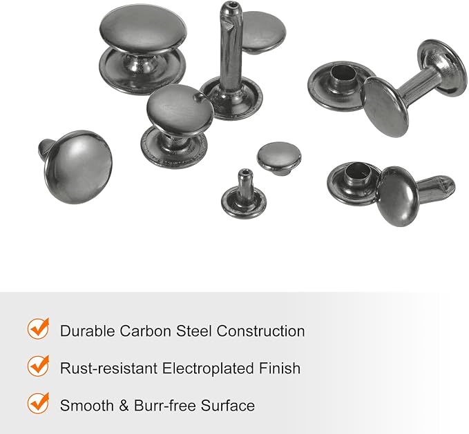 HARFINGTON 100 Sets Double Cap Leather Rivets, 6x8mm Round Cap Tubular Metal Studs Leather Crafting Rivets for Fabric Belt Pet Collar Boot Bag Repair and Decoration, Gunmetal