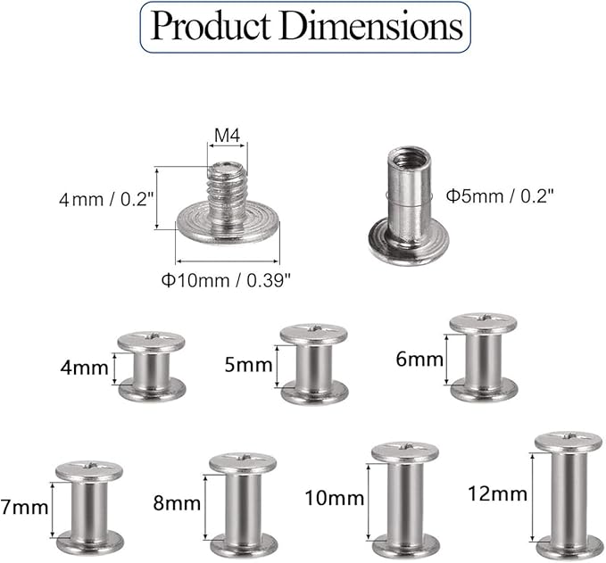 90 Sets 304 Stainless Steel Chicago Screws Leather Assorted Kit, 7 Sizes of Screw Rivets for Crafts, Clothing, Shoes, Belts, Bags and Projects (M5 X 4, 5, 6, 7, 8, 10, 12)