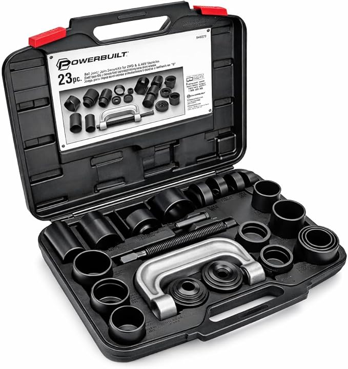 Powerbuilt Ball and U Joint Service Set, 23 Piece Tool Kit, Remove and Install Ball Joints, Receiving Tube, Adapters, Sockets - 648617