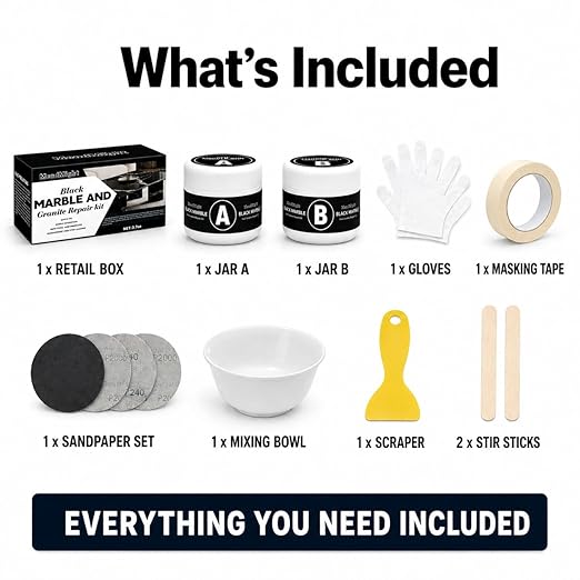 Black Quartz Countertop Repair Kit, Professional Tile, Marble and Granite Repair Kit for Edge Chips, Cracks, Scratches and Holes on Quartz, Marble, Porcelain and Other Stone Surfaces