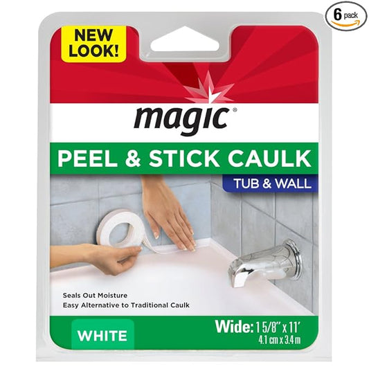 Magic Tub & Wall Peel and Caulk Strip - Create a Tight Seal Between The Bathtub and Wall to Keep Moisture Out - 1-5/8 Inch by 11 Feet - White (Pack of 6)