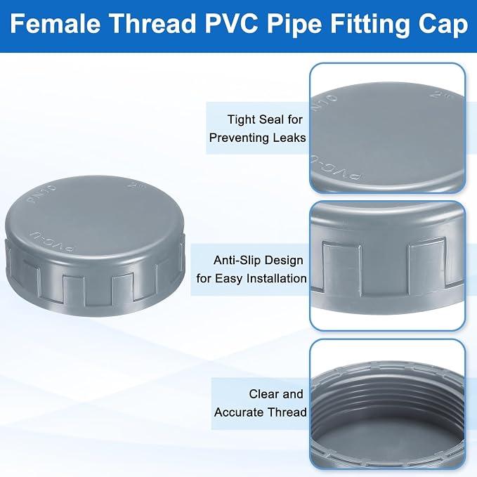 uxcell 5Pcs 2 Inch PT Female Thread PVC Pipe Fitting Cap, Cleanout Water Drain End Caps, Pipe Plug Socket Fittings with Tape for Water Heater Supply Lines, Plumbing, Gray