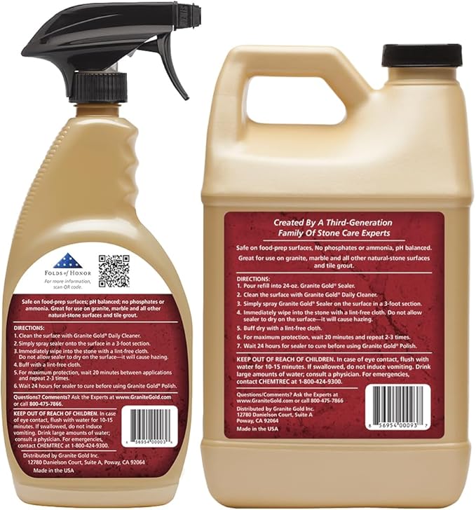 Granite Gold Granite Sealer Combo Pack, Water-Based Sealer Spray and Refill for Granite, Marble, Travertine, Natural Stone Countertops, 24 oz + 64 oz