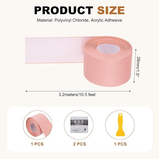 uxcell Caulk Tape Waterproof, 1.5 Inch x 10.5 ft Self-Adhesive Sealant Sealing Strip Caulking Sealant Tape PVC with Tool for Kitchen Sink Toilet Bathroom Bathtub Floor, Pink
