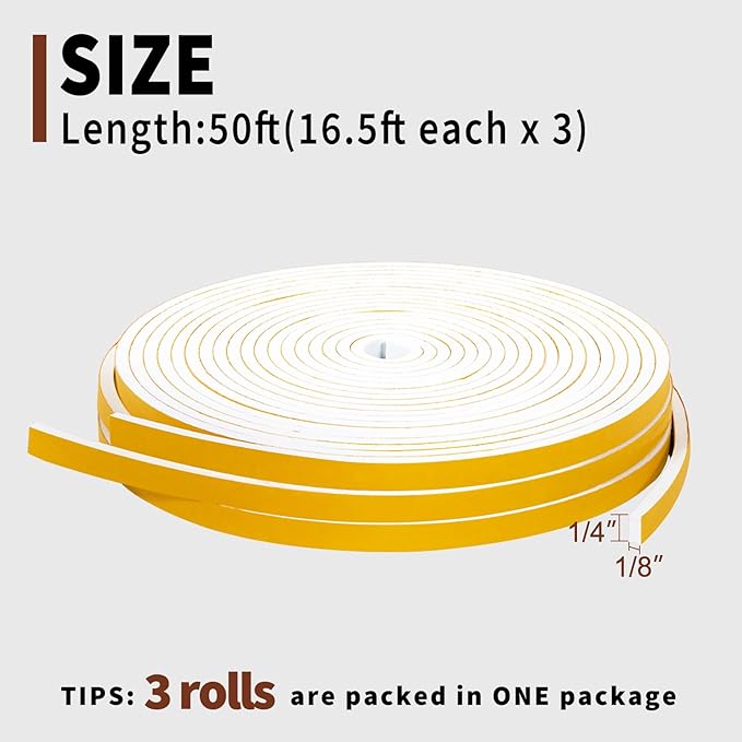 Yotache White Doors Windows Weather Stripping 1/4" x1/8", Foam Insulation Sealing Gasket Tape for Doors, Sliding Door, Total 50 Feet Long (3 X 16.5 Ft Each)
