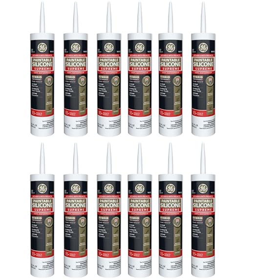 GE Supreme Paintable Silicone Caulk for Kitchen & Bathroom, White, 9.5 fl oz Cartridge, 12 Pack - 100% Waterproof Silicone Sealant, 7X Stronger Adhesion, Shrink & Crack Proof