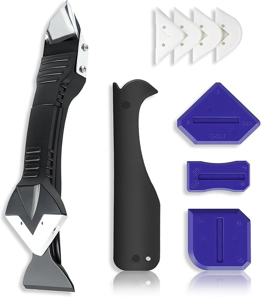 Silicone Caulking Tool Kit, 3 in 1 Caulk Remover, Grout Removal Scraper and Sealant Finishing Tool, Glass Glue Angle Scraper for Floor Window Sink Joints Bathroom Kitchen (Black)