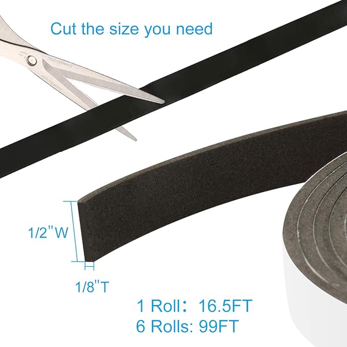 Seal Foam Tape,1/2 Inch W x 1/8 Inch T Weather Stripping for Door and Window,High Density Single Sided Closed Cell Door Insulation Weather Strip, 6 Rolls Total 98FT Black
