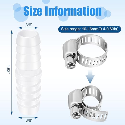 Treela 10 Set Plastic Hose Barb Fitting 3/8" x 3/8" Pipe Connectors Barbed Splicer Mender Joint Adapter Union with 20 Pcs Hose Clamps for Household Adapters Fuel Gas Liquid Air Repair