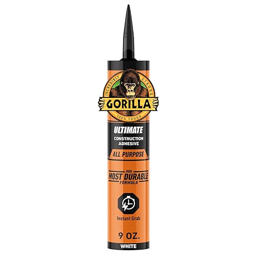 Gorilla Heavy Duty Construction Adhesive Ultimate, 9 oz Cartridge, White – 100% Waterproof, Instant Grab, Paintable, Indoor/Outdoor
