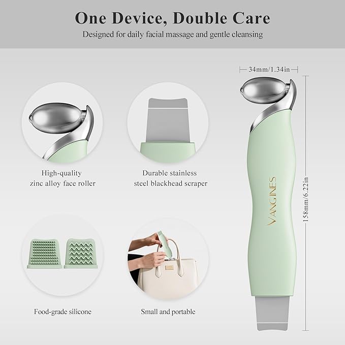 Blackhead Remover Tool with Ice Roller, Stainless Steel Face Scraper, Skin Scrubber Face Spatula for Deep Cleansing, 3-in-1 Skin Care Tool with 2 Silicone Brush Heads (Sage Mist)