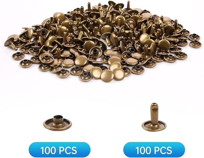 100 Sets Leather Rivets 10x8mm Double Cap Rivets Snaps Metal Studs Fasteners with 3pcs Setting Tools for Leather Craft DIY Repair Decoration, Bronze