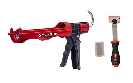 Newborn Scrapper Tool & Octogun 208D Drip-Free Caulk Gun - Integrated 4-Sided Tooling Square & 2-Sided Scraper | 12:1 Thrust Ratio | Lightweight Plastic Design with Revolving Barrel