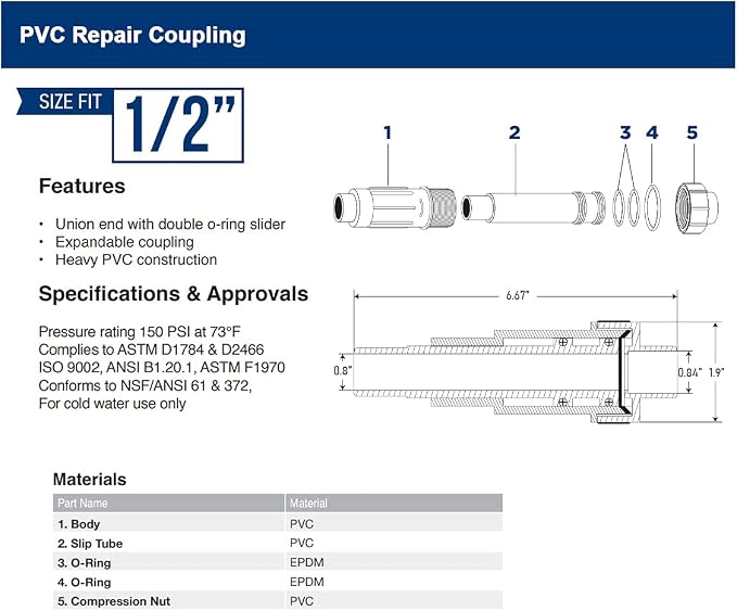Midline Valve 567SD012 Heavy Duty PVC Repair Coupling; Expandable Pipe Fitting; 1/2''; White Plastic