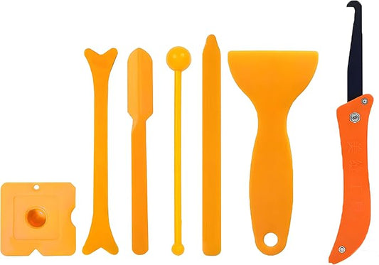 Professional 7-in-1 Caulking Tool Set, Silicone Sealant Finishing Kit with seam hook knife, Angle Scrapers, Plastic Scraper, Seam Tool for Kitchen, Bathroom, Window (orange)