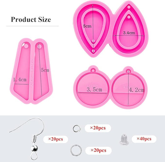103Pcs DIY Earring Resin Molds Kit - Tear Drop/Quadrangle/Retro Circle Shape Silicone Mold Epoxy Earring Pendant Casting Mould with Silver Earring Hooks for Jewelry Making Supplies, Women Earrings