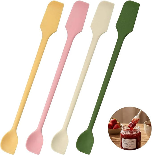 cobee 4Pcs Mini Silicone Spatulas, Long Dual-end Silicone Scraper, Multifunctional Small Scrapers Jar Scraper Spatula, Makeup Spatula Stirrer for Jam, Lotion, Narrow Thin Bottles