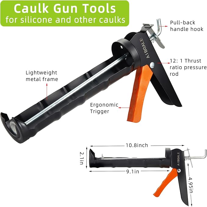 Caulking Tool Kit, Caulking Gun, 2 Clear Silicone Sealant with Gun - All-Purpose 100% Silicone Caulk (20 oz Tube), and 5 in 1 Scraper/Smoothing Tool, Sandpaper, Gloves and Masking Tape