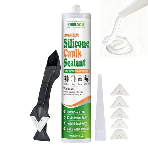 SHIELDOM Silicone Caulk for Kitchen & Bathroom, Clear Silicone Sealant 100% Waterproof Caulk & Seal with Caulking Tool Stronger Adhesion, Shrink & Crack Proof All Purpose for Window, Door & More 14 oz