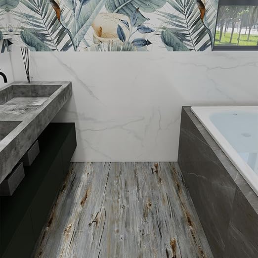 Wood Grain Peel and Stick Floor Tiles – 11.8” Width, Full Roll Length of 394" – Versatile Design for Any Space, Sunwashed Blue Self Adhesive Vinyl Flooring, Waterproof and Non-Slip Features