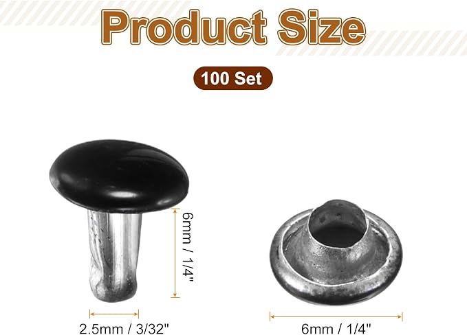 HARFINGTON 100 Sets Double Cap Leather Rivets, 6x6mm Round Cap Tubular Metal Studs Leather Crafting Rivets for Fabric Belt Pet Collar Boot Bag Repair and Decoration, Black