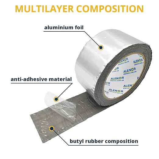 Alenor Butyl Rubber Aluminum Tape 2" inch W x 33 Feet Wall Crack Roof Leaks Waterproof Heat Resistant Tape Perfect for Sealing & Patching Hot & Cold Air Ducts Wood Metal Plastic Glass Repair