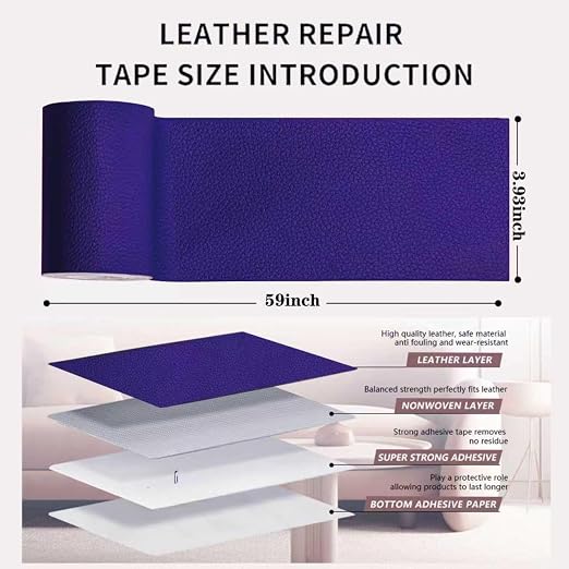 Self Adhesive Leather Repair Patch, 4 x 60 inch Leather Repair Tape, Leather Patches for Furniture, Car Seat,Vinyl Leather Repair Kit for Office Chairs, Couch, Sofa, Luggage (Blue)