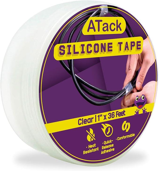 ATack Silicone Self Fusing Tape 1-Inch x 36-Foot (Clear) Waterproof and Weatherproof Self-Fusing Silicone Rubber Sealing Wrap Quick Fix Repair Tape for Hose, Pipe, Plumbing Emergency Repair 25 Mil