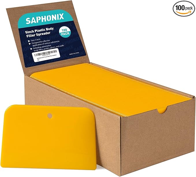 Body Filler Spreaders (Pack of 100) - 5 Inch Yellow Reusable Auto Body Plastic Filler Spreader Tool for Automotive Body Applying Fillers, Putties, Glazes, Caulks - Autobody Paint Repairs