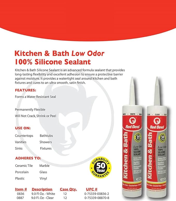 Red Devil 0836 Kitchen & Bath Low Odor Silicone Sealant, 10.1 Oz, White, Pack of 1