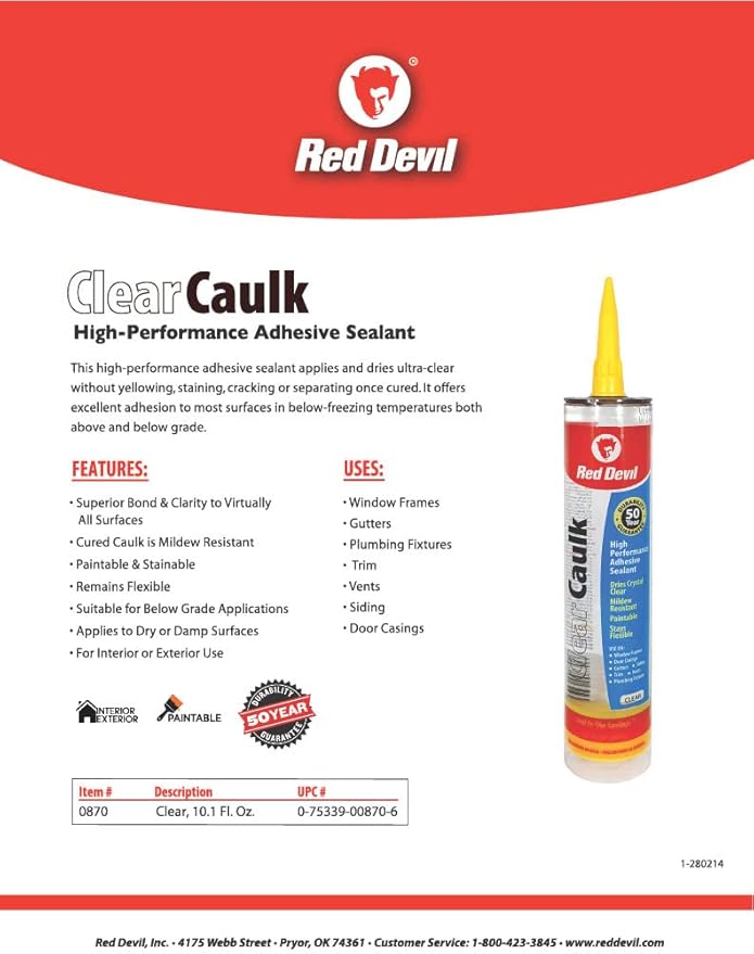 Red Devil 0870 Clear Caulk High Performance Adhesive Sealant, 10.1 Oz., Clear, 1 Pack