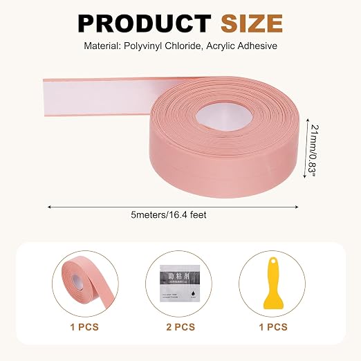 uxcell Caulk Tape Waterproof, 0.83 Inch x 16.4 ft Self-Adhesive Sealant Sealing Strip Caulking Sealant Tape PVC with Tool for Kitchen Sink Toilet Bathroom Bathtub Floor, Pink