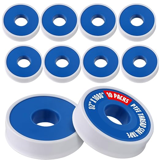 Supply Giant Plumbers PTFE Tape 1/2" W x 1080" L 10 Rolls Pipe Thread Tape, High Density Thread Sealant Tape Water Seal Plumbing Tape for Shower Head, Pipes, Gas Lines, Leak Prevention