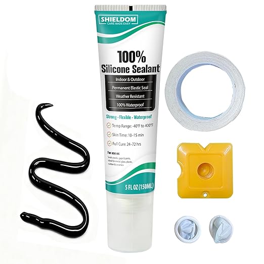 SHIELDOM Silicone Sealant Adhesive Silicone Caulk with Finishing Tool 100% Waterproof Seal Shrink & Crack Proof, Flexible, Strong Adhesion for Automotive, Bathroom, Kitchen, Windows 150ML/5Oz (Black)