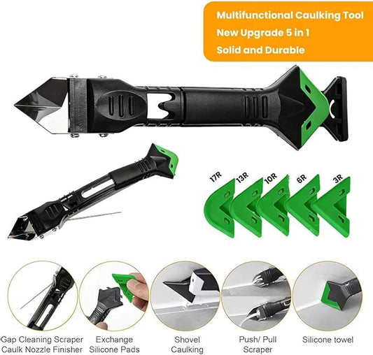 5-in-1 Caulking Tool Kit – Silicone Caulk Finisher, Remover & Grout Scraper with 5 Interchangeable Pads – Sealant Smoothing, Adhesive Removal for Kitchen, Bathroom, Windows, Tiles