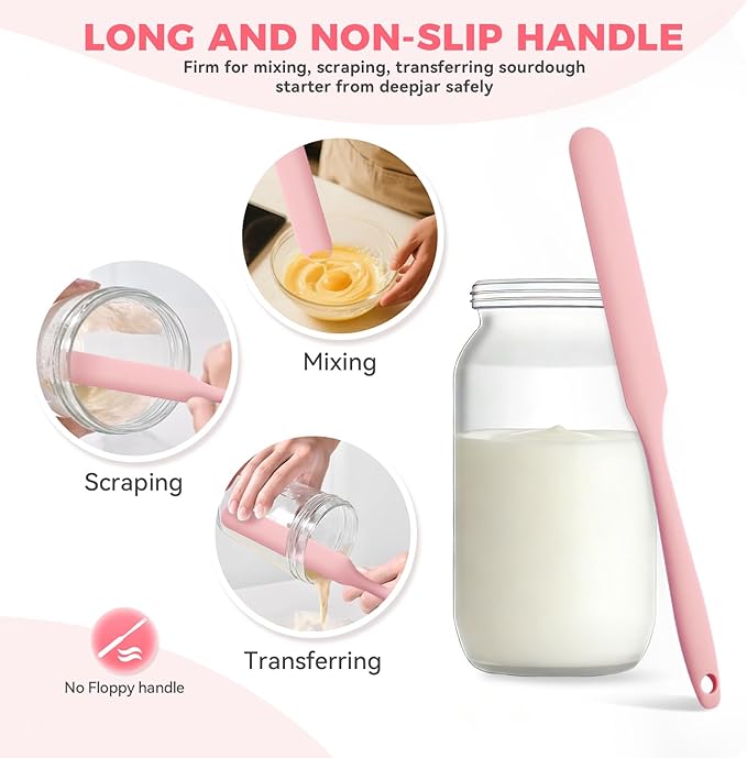 Silicone Jar Spatula Set of 4, Long Handle Skinny Spatula and Spurtle for Sourdough Starter, Flexible Jar Scraper for Peanut Butter, Jam, Icing, Cream with No Batter Left Behind (4, Pink)