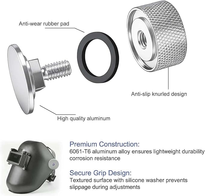 4 Pack Aluminum Alloy Welding Helmet Fasteners with Non-Slip Silicone Washer - Durable Pipeliner Replacement Parts (Silver)