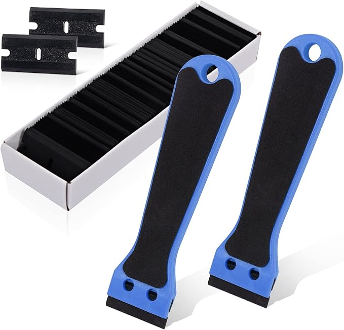 EHDIS 2pcs Plastic Razor Scraper 6-inch Long Handle Adhesive Remover Tool with 100 Double-Edge Blades for Window Tint Vinyl Scraper Decal Sticker Glue Remover (blue)